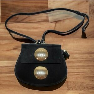 INZI Black Suede Crossbody Bag With Gold Hardware - 10.25"x9"